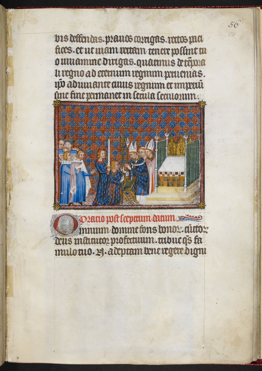 Cotton Tiberius B. VIII f.58r A király a jogart és a virgát kapja ("Main de la Justice"), "V. Károly francia király koronázási könyvéből" alkotó: Master of the Coronation Book of Charles V
