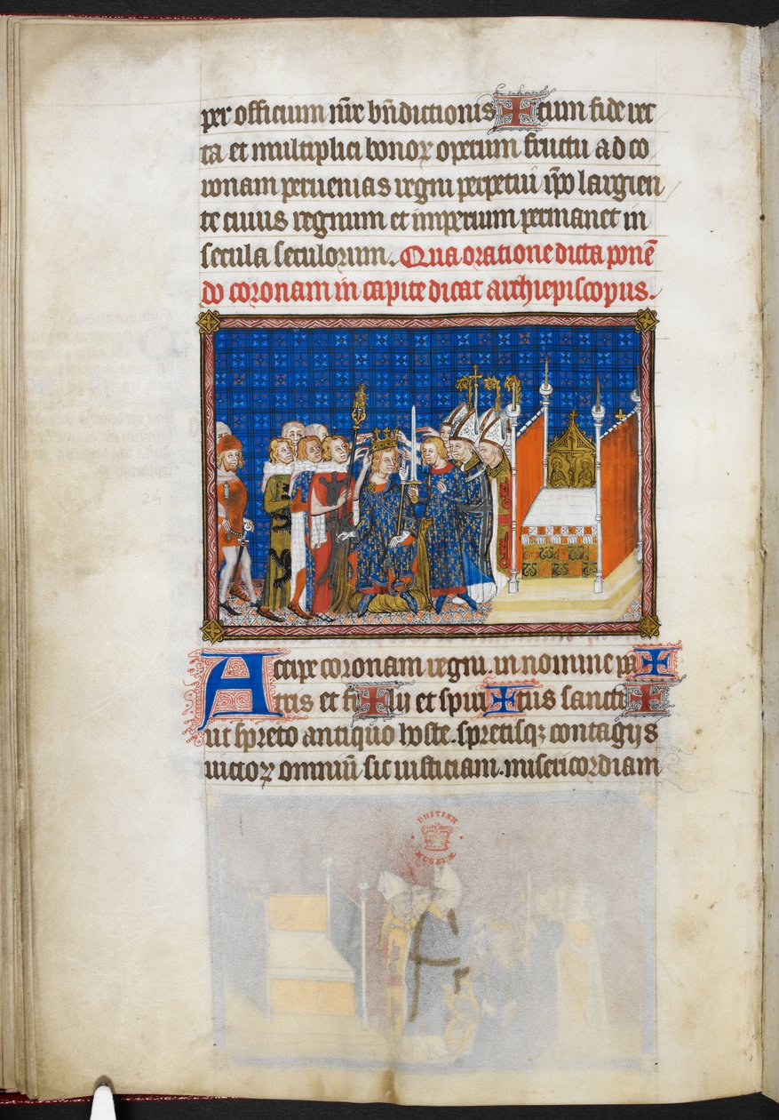Cotton Tiberius B. VIII f.59v A koronát fenntartó francia társak, illusztráció az „V. Károly francia király koronázási könyvéből” alkotó: Master of the Coronation Book of Charles V