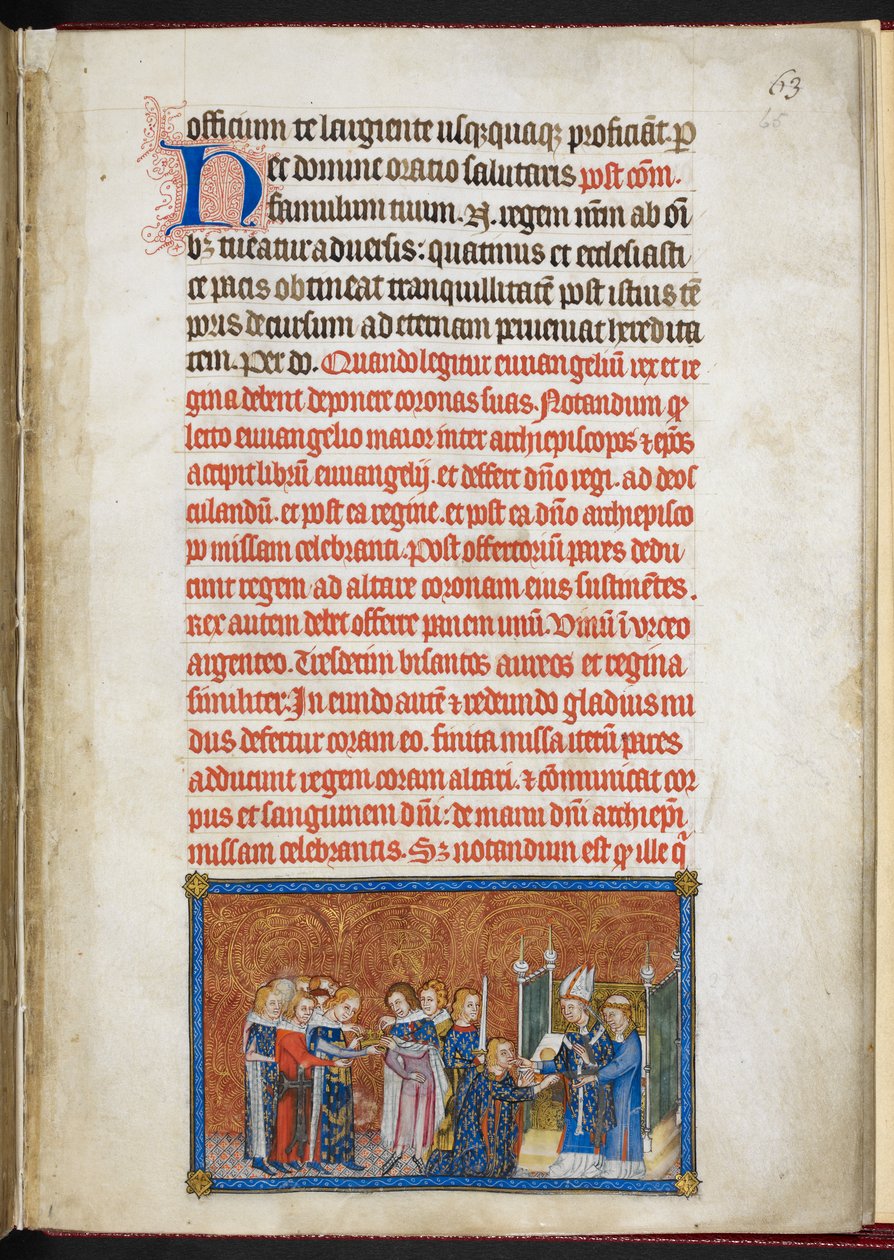 Cotton Tiberius B. VIII f.65r, A királynő belép a katedrálisba, V. Károly francia király koronázási könyvéből alkotó: Master of the Coronation Book of Charles V