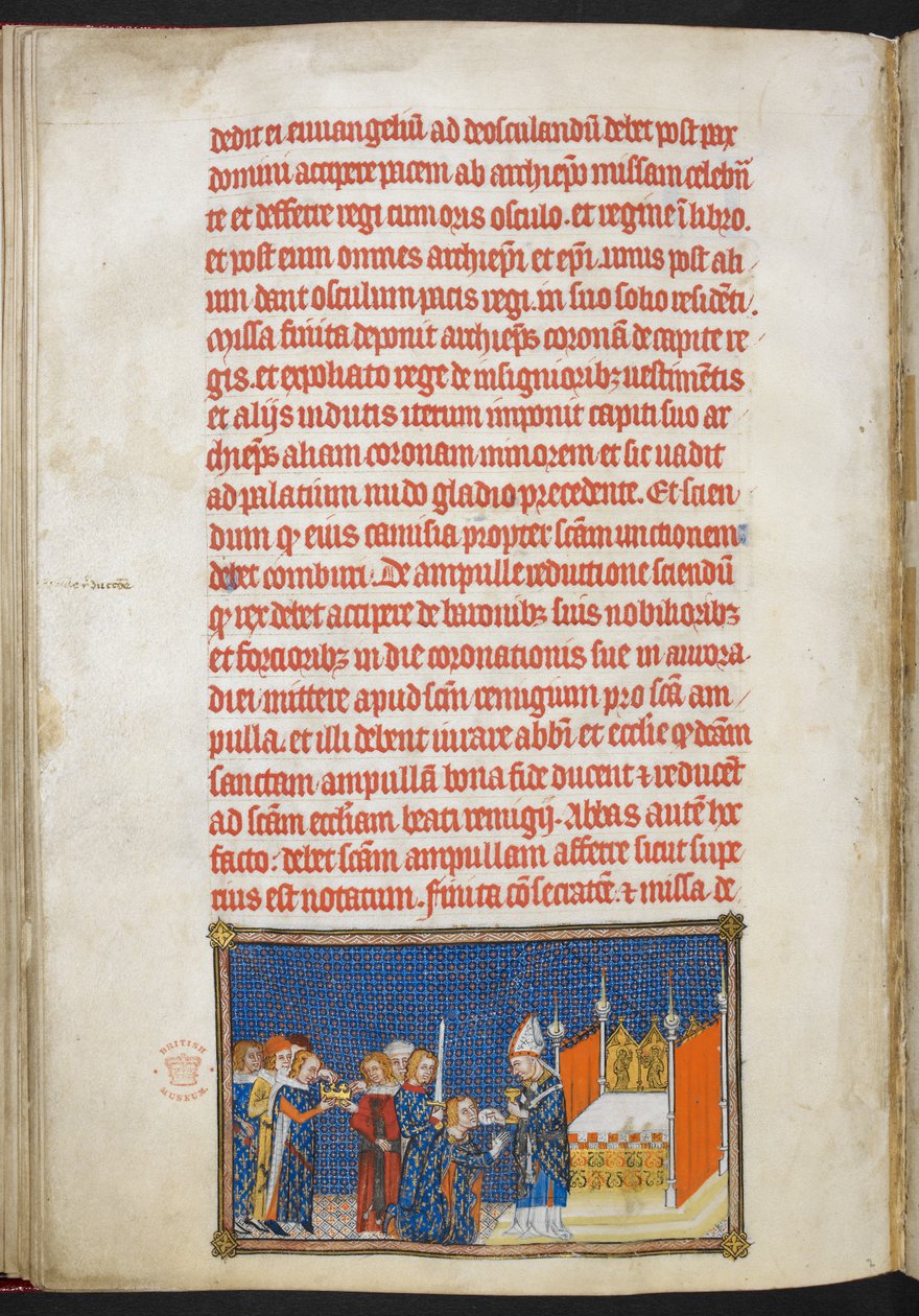 Cotton Tiberius B. VIII f.65v V. Károly király térdelve, miközben Rheims érseke az áldozóostyát a szájába helyezi, illusztráció: „V. Károly francia király koronázási könyve” alkotó: Master of the Coronation Book of Charles V