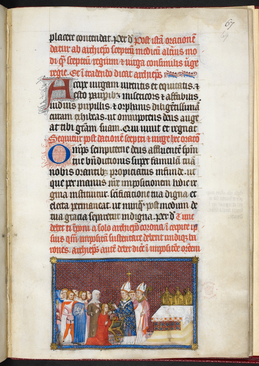 Cotton Tiberius B. VIII f.69r A királynő a jogart és a virgát kapja, V. Károly francia király koronázási könyvéből alkotó: Master of the Coronation Book of Charles V