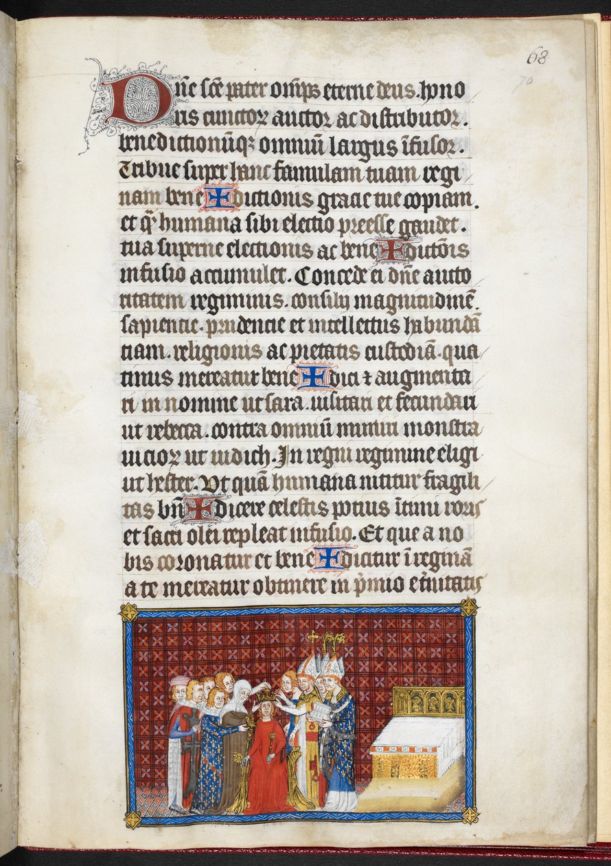 Cotton Tiberius B. VIII f.70r A királynő koronáját fenntartó bárók, V. Károly francia király koronázási könyvéből alkotó: Master of the Coronation Book of Charles V