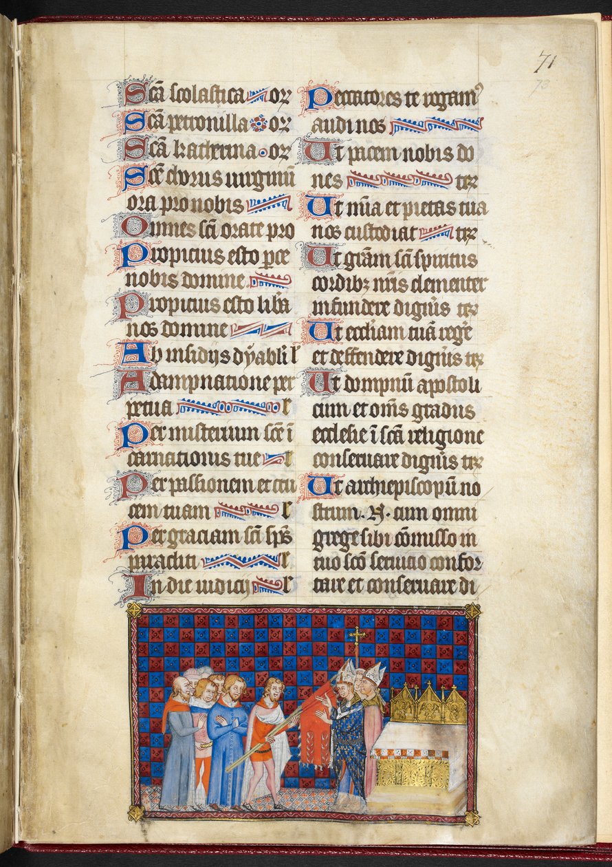 Cotton Tiberius B. VIII f.73r, Reims érseke megáldja az Oriflamme-t, illusztráció az „V. Károly francia király koronázási könyvéből” alkotó: Master of the Coronation Book of Charles V