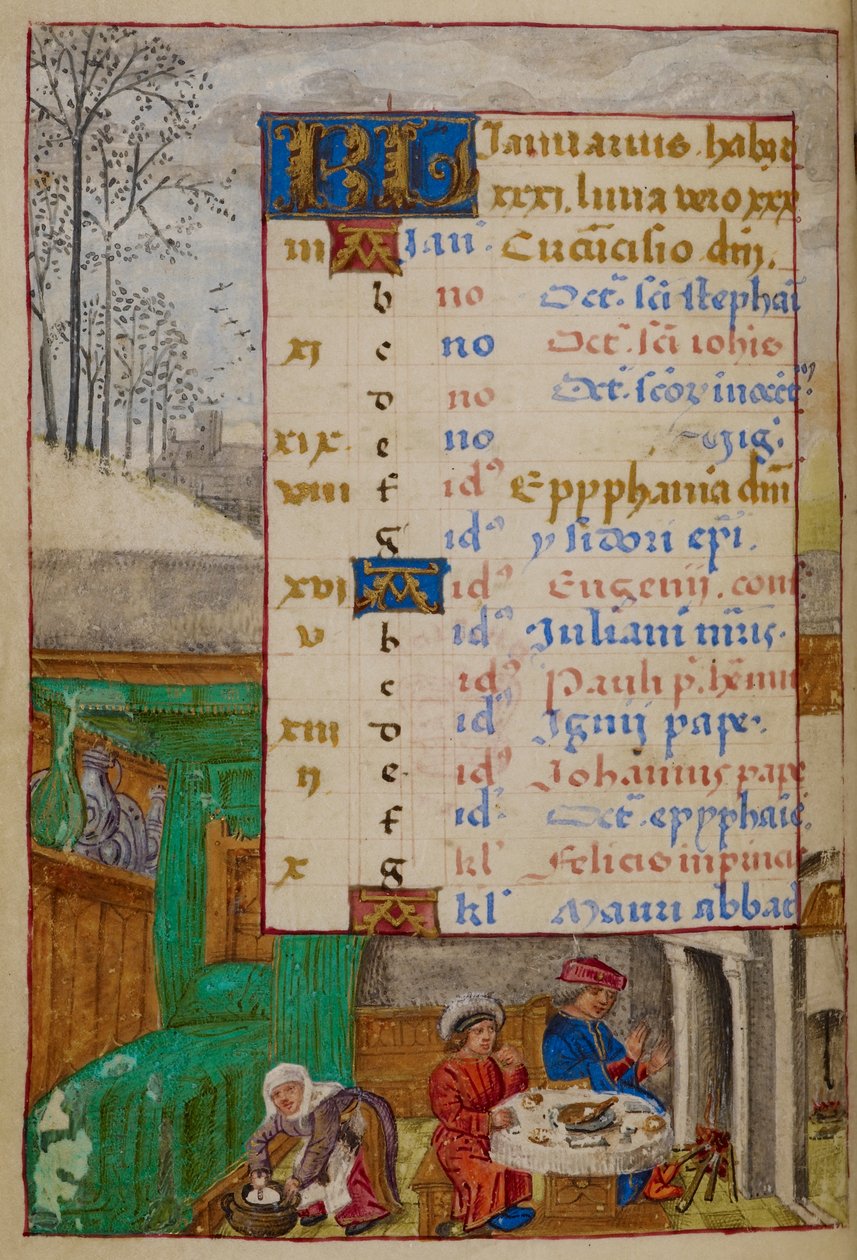 Hozzáadás. 18852, f.1v Januári naptároldal, illusztráció a 