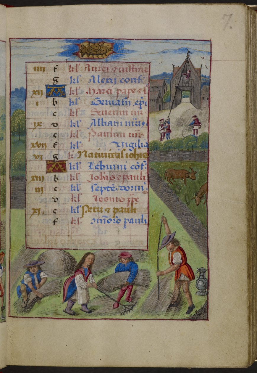 Adja hozzá az MS 18852 f.7r naptároldalát júniusra. Felül a Rák, a „Kasztíliai Joanna óráiból”, 1496-1506 körül (vellum) alkotó: Master of the David Scenes