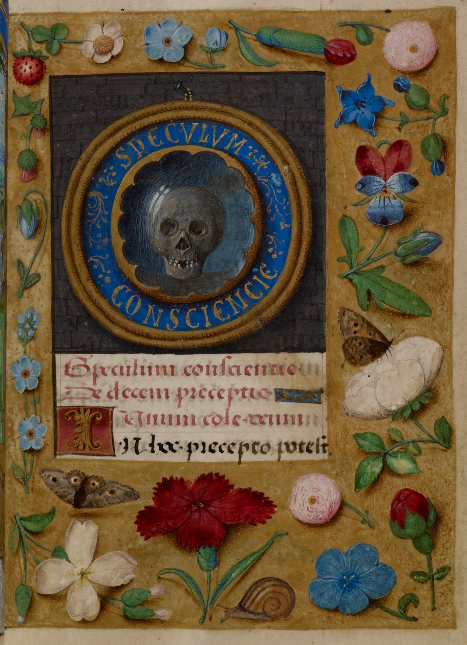 A Speculum Conscientie (a lelkiismeret tükre) illusztrációjának megnyitása a „Kasztíliai Joanne óráiból”, 1496-1506 (vellum) alkotó: Master of the David Scenes