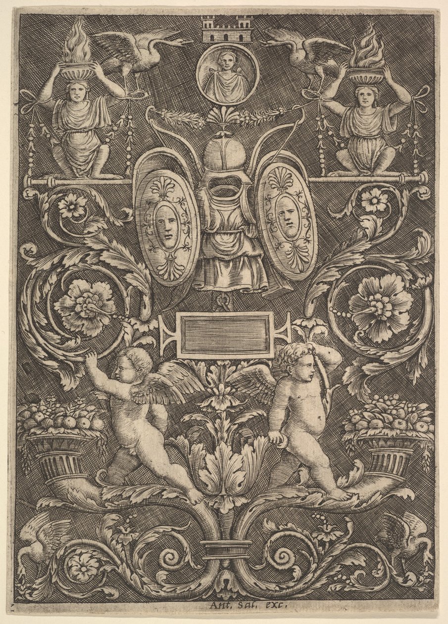 Dísztábla, alsó szakaszon bőségszarukon álló putti, 1530-60. alkotó: Master of the Die