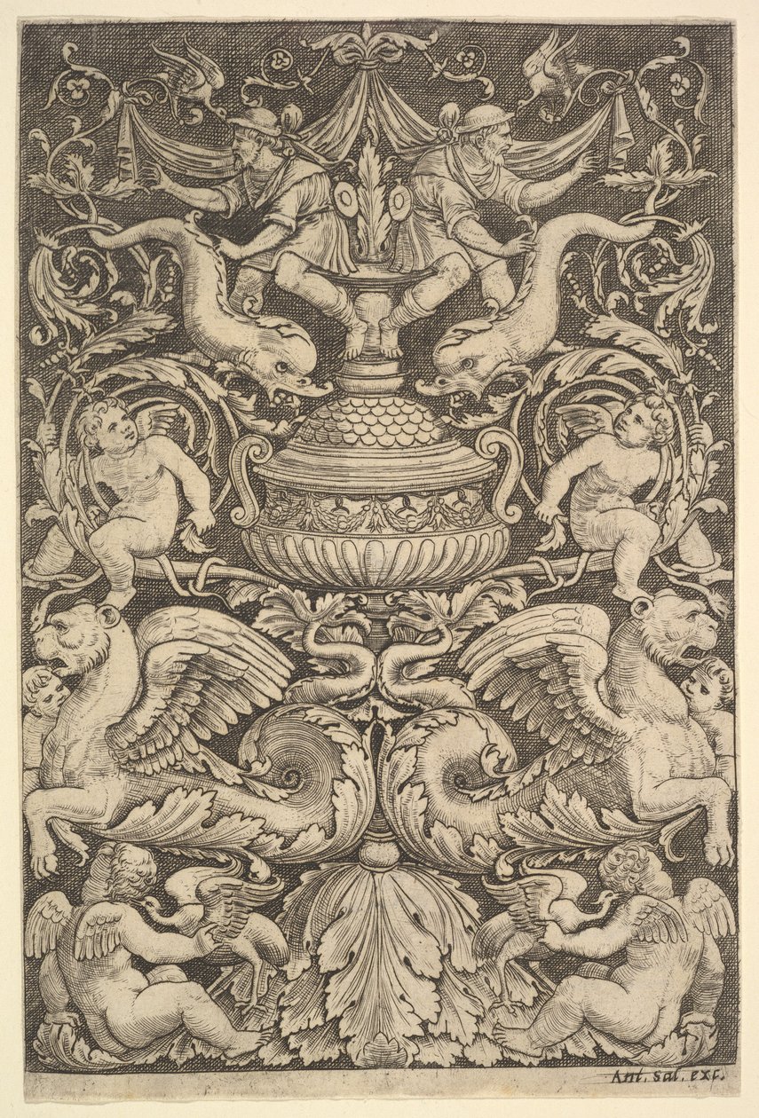 Dísztábla, közepén nagy tégely, putti és egyéb figurák, 1530-60. alkotó: Master of the Die