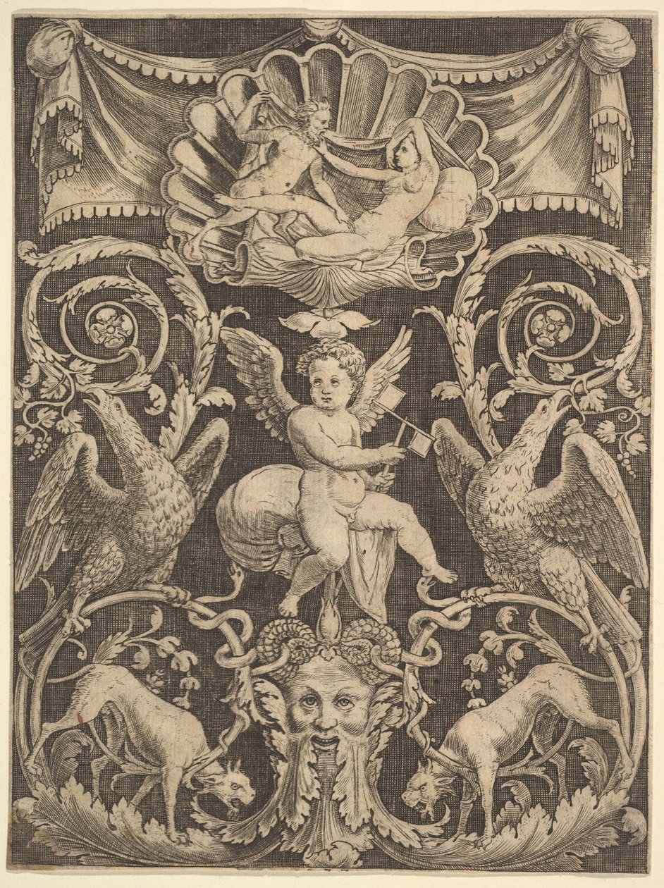 Dísztábla, közepén puttóval szélmalmot tartva, 1532. alkotó: Master of the Die