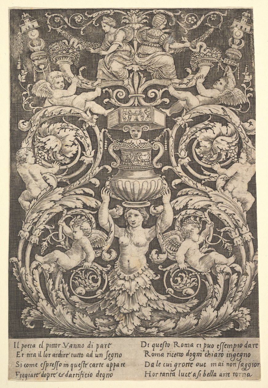Dísztábla középen egy vázát tartó nővel, 1532. alkotó: Master of the Die