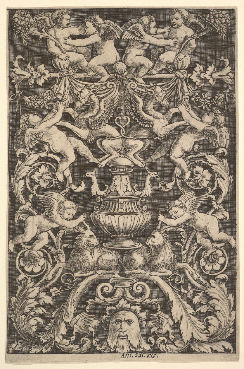 Dísztábla putti, kecske és egyéb figurákkal, 1530-60. alkotó: Master of the Die