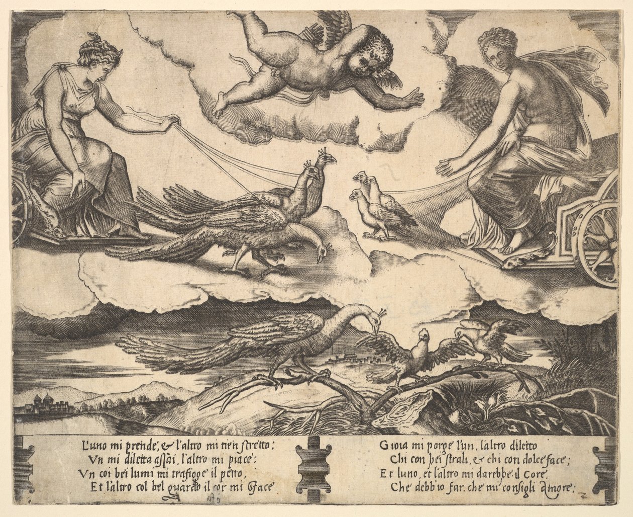A házasság és a szerelem allegóriája, Junó a pávák által vont szekéren balra, Vénusz egy ..., 1530-60. alkotó: Master of the Die
