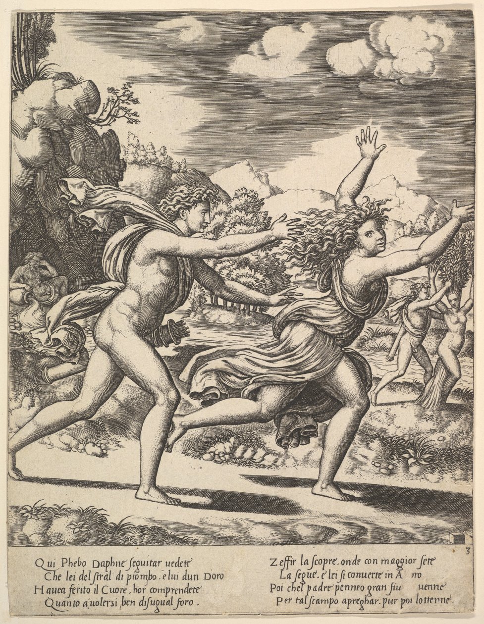 Apolló üldözi Daphnét, aki felemeli a karját, a háttérben jobbra az anyuka..., 1530-60. alkotó: Master of the Die