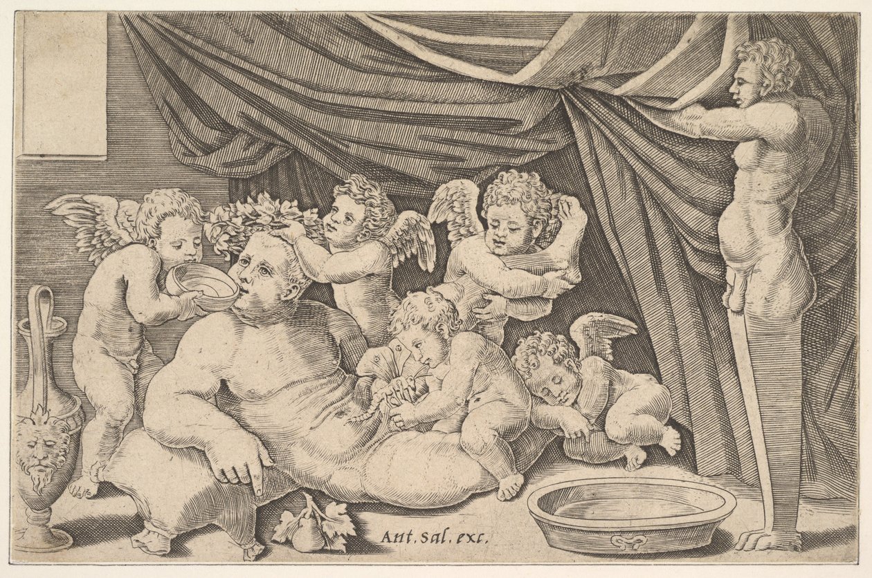 Puttival körülvett Bacchus, Priapus szobra jobbra, 1530-60. alkotó: Master of the Die
