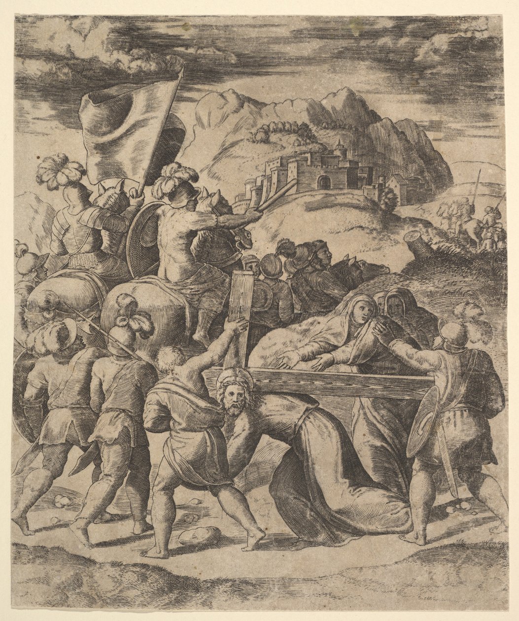 A keresztet hordozó Krisztus katonákkal körülvéve, többen lóháton, 1530-60. alkotó: Master of the Die
