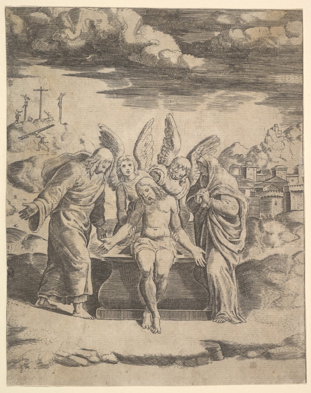 Krisztus a síron ül angyalok által támogatott, 1530-60. alkotó: Master of the Die