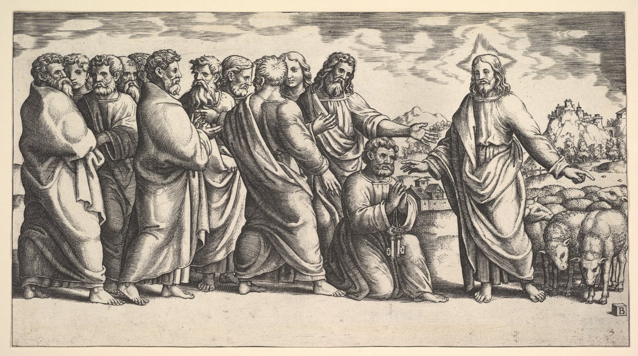A bal oldalon álló Krisztus egy juhnyájra mutat, előtte térdel Szent Péter hol..., 1530-60. alkotó: Master of the Die