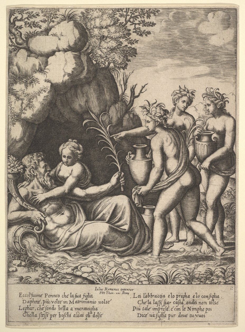 Daphne apját, Peneust folyóistent ölelve balra három nimfa tégelyt hoz..., 1530-60. alkotó: Master of the Die