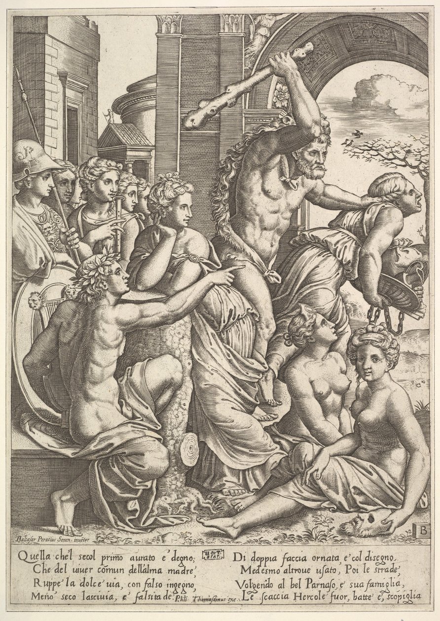 Az irigységet vagy a kapzsiságot jobbra Herkules űzte ki a múzsák templomából, aki ..., 1530-60. alkotó: Master of the Die