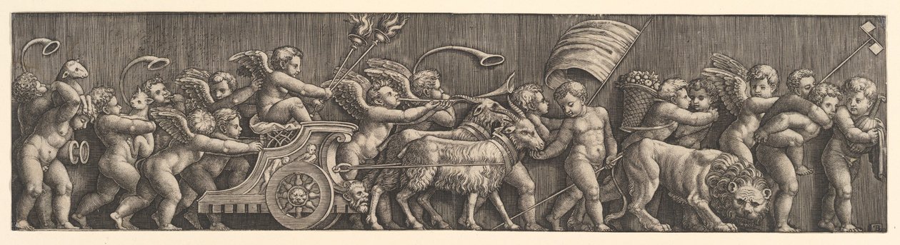 A szerelem diadalát ábrázoló frízelrendezés, Ámor kecskék által vezetett szekéren, ember..., 1530-60. alkotó: Master of the Die