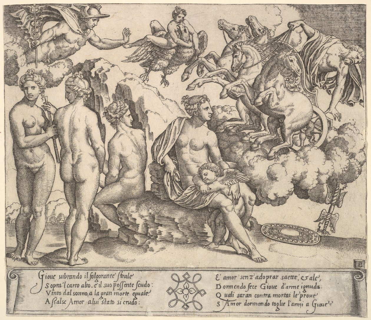 Jobbra lovaskocsiról zuhanó Jupiter, Ganymedes sas alakban..., 1530-60. alkotó: Master of the Die
