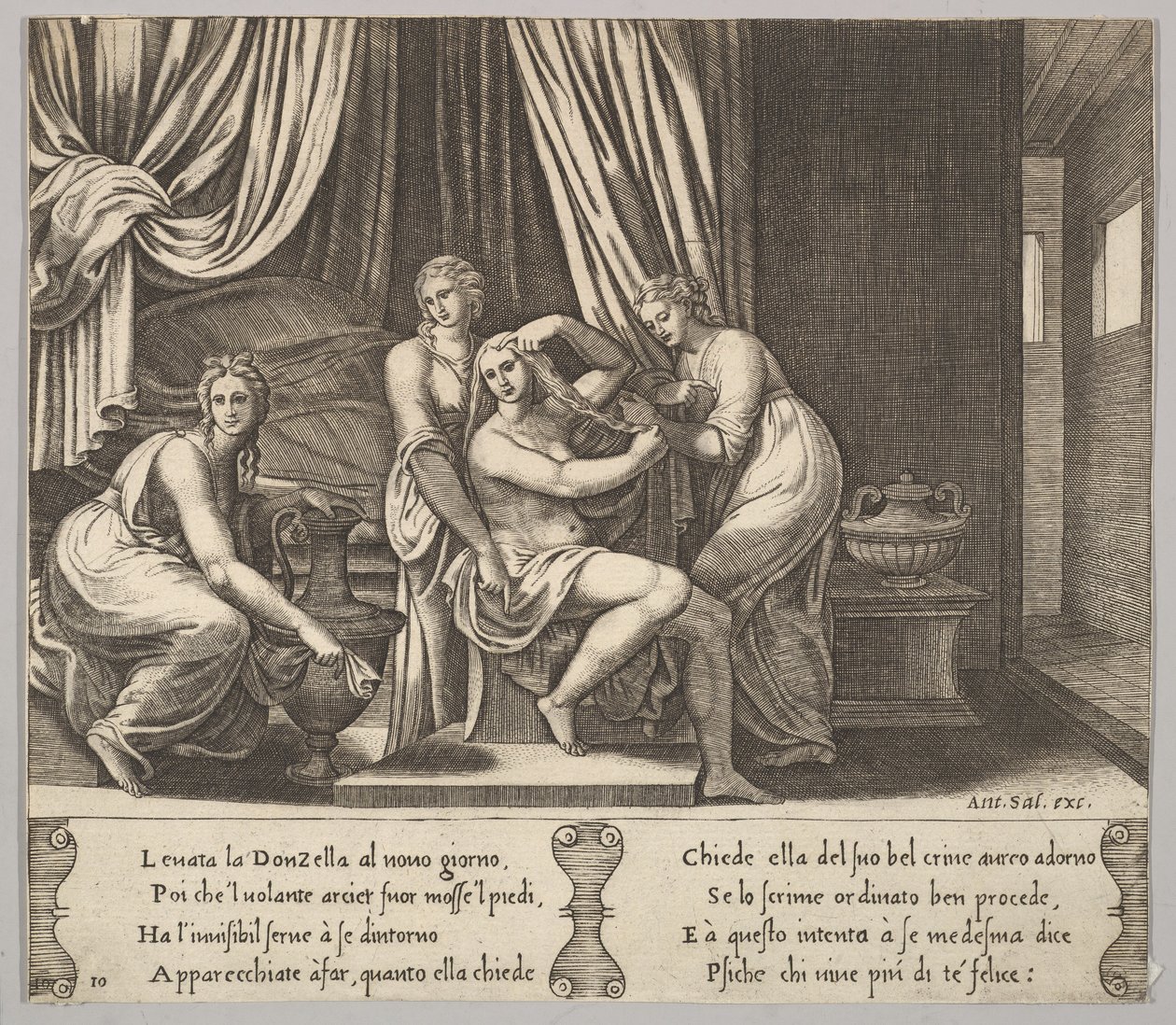 10. tábla: nimfák segítik Psychét a haja felöltöztetésében, a Psyche meséjéből, 1530-60. alkotó: Master of the Die