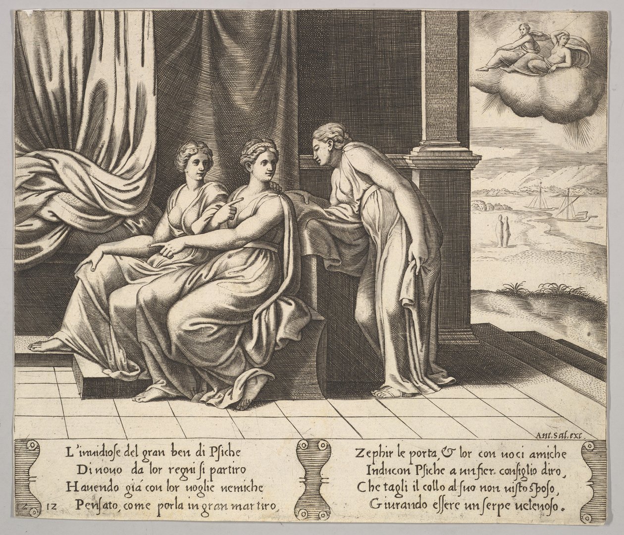 12. tábla: Psyché nővérei rábeszélik, hogy egy kígyó alszik vele, a Mese..., 1530-60-ból. alkotó: Master of the Die