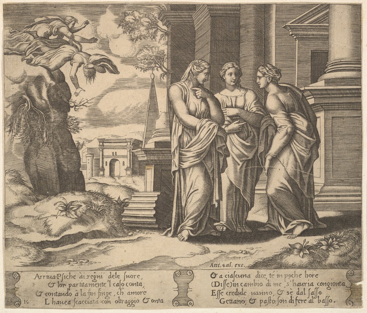 15. tábla: Psyche elmondja szerencsétlenségeit nővéreinek, a Psyche meséjéből, 1530-60. alkotó: Master of the Die