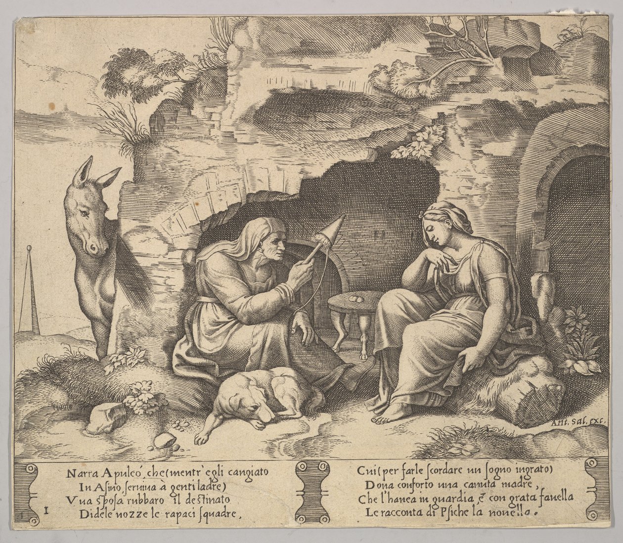 1. tábla: Apuleius szamárrá változott, aki az öregasszony sp..., 1520-70 történetét hallgatja. alkotó: Master of the Die