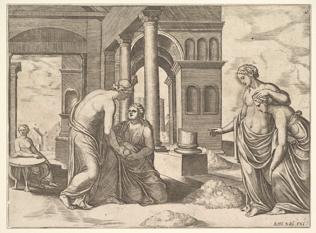 22. tábla: Vénusz megparancsolja Psychének, hogy válasszon ki egy halom gabonát, a „Psyche meséjéből”, 1530-60. alkotó: Master of the Die
