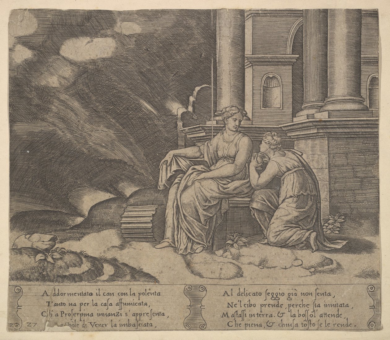 27. tábla: Proserpina Psychének adja a szépség dobozát, a „The Fable of Cupid and Psyche”, 1530-60. alkotó: Master of the Die