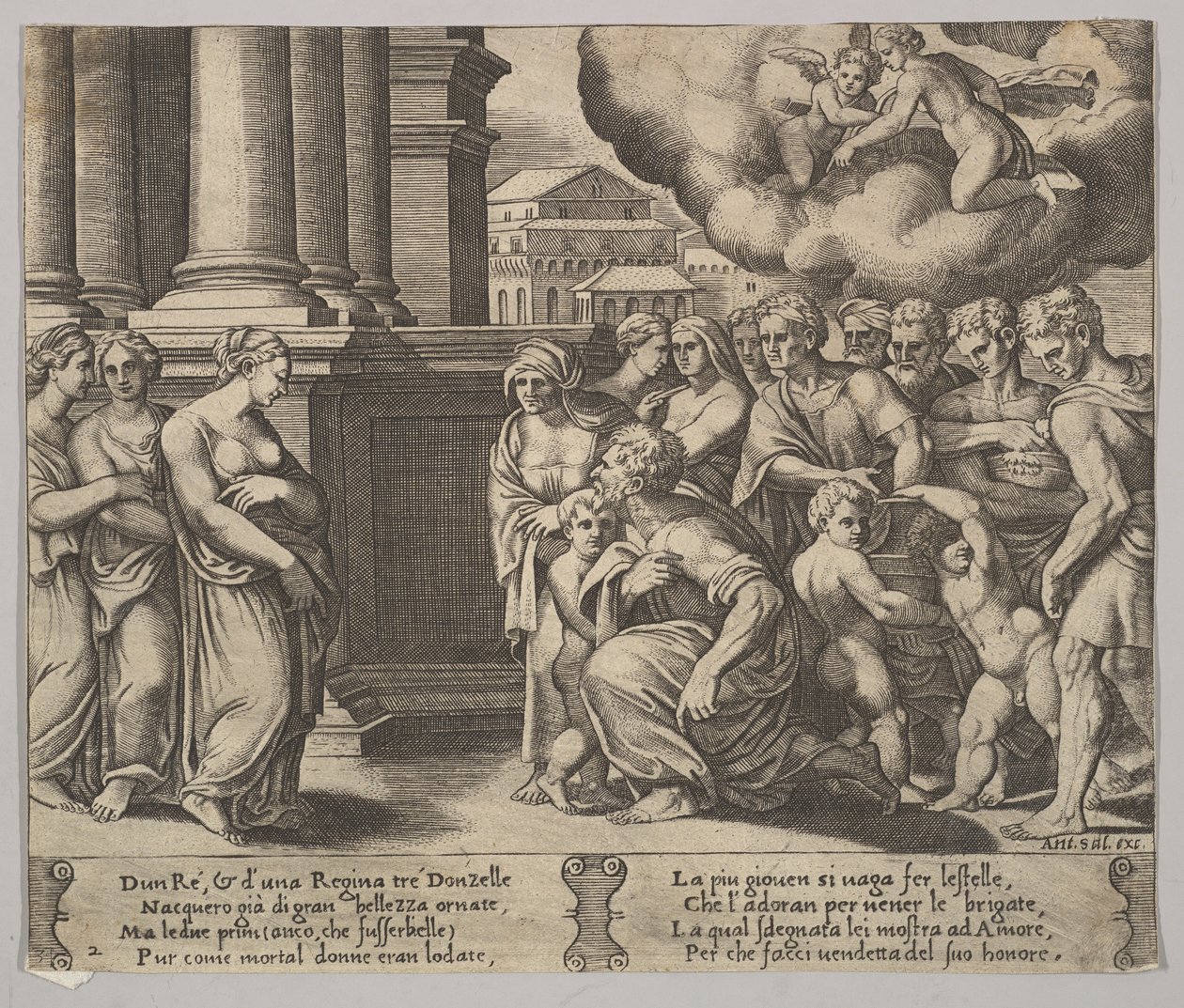 2. tábla: a Psychének isteni tiszteletet adó emberek, a Psyché meséjéből, 1530-60. alkotó: Master of the Die