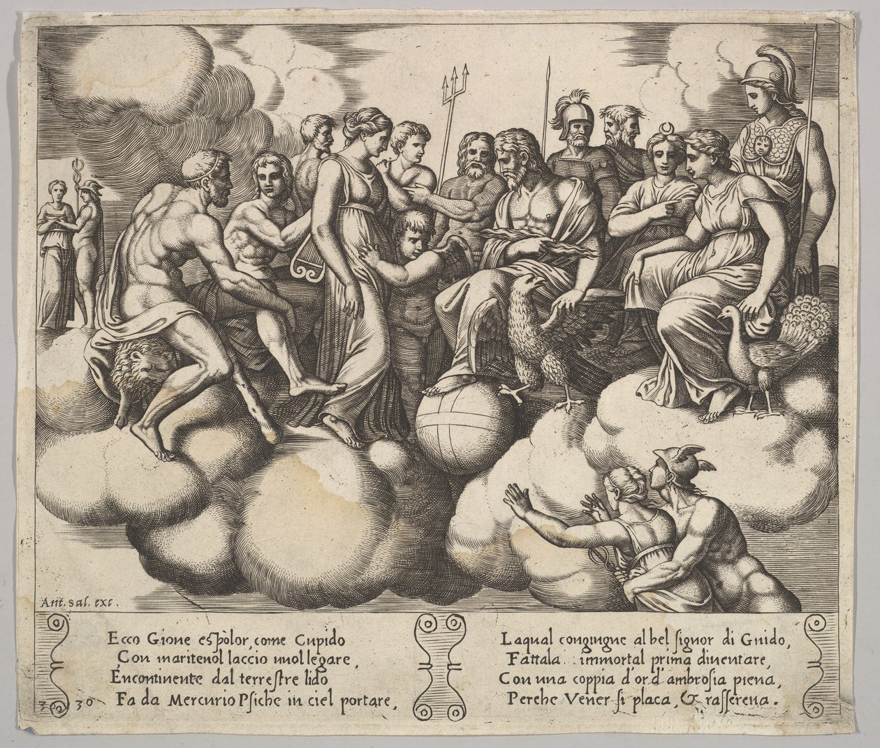 30. tábla: Vénusz és Ámor ügyüket könyörögve Jupiter és más istenek jelenlétében..., 1530-60. alkotó: Master of the Die