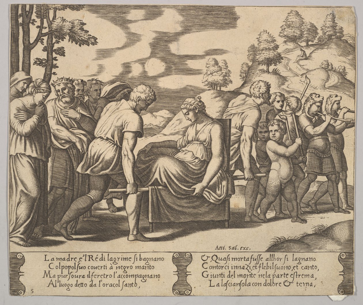5. tábla: Psyche hordott almot a hegyre, a „The Fable of Psyche”-ből, 1530-60. alkotó: Master of the Die
