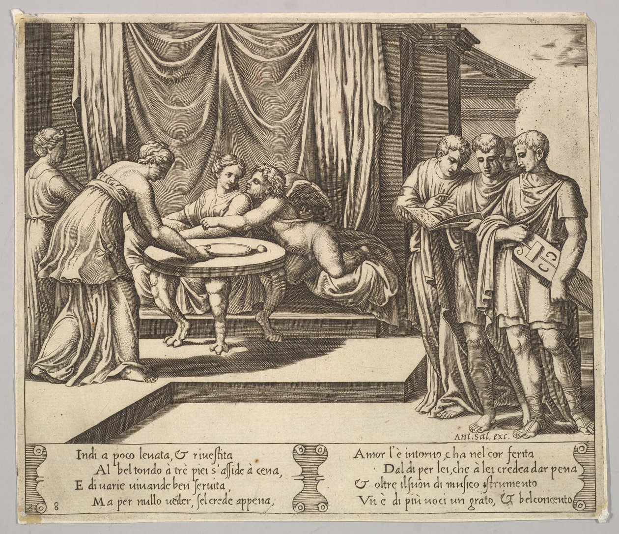 8. tábla: Asztalnál ülő psziché, akit láthatatlan szolgák kísérnek, Eros a g... mellett, 1530-60. alkotó: Master of the Die