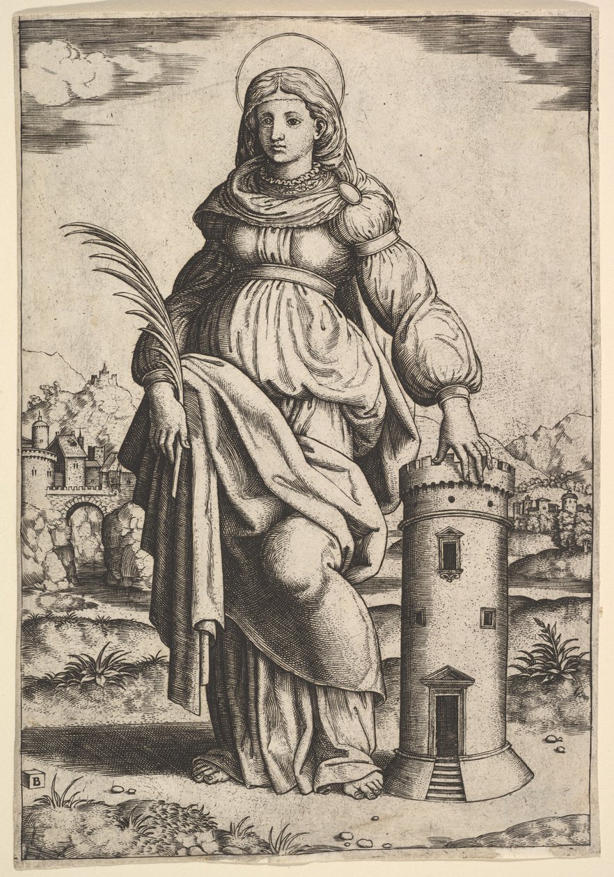 Szent Borbála áll, tenyérrel a jobb kezében, bal kezét egy toronyra támasztja, 1530-60. alkotó: Master of the Die