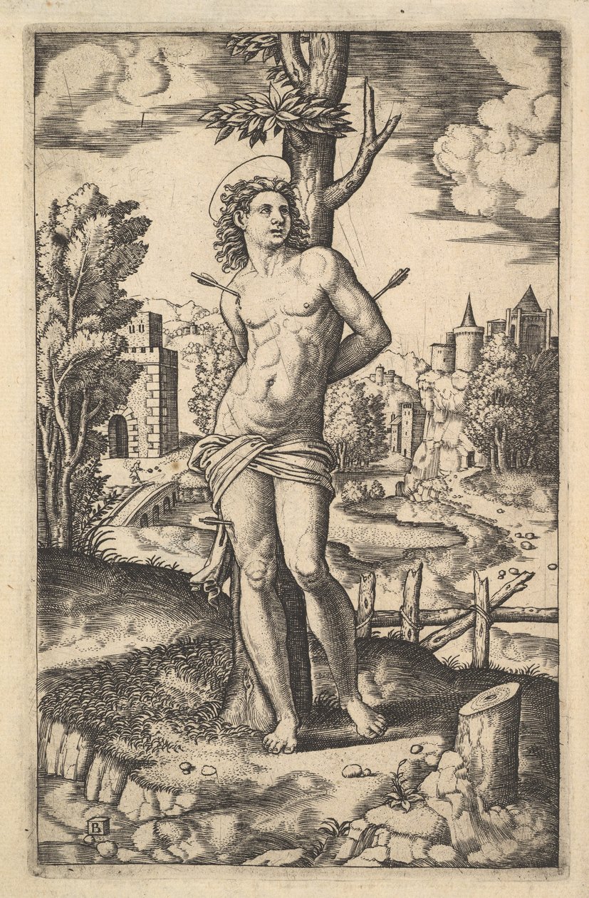 Szent Sebestyén nyilakkal áttört fához kötve, 1530-60. alkotó: Master of the Die