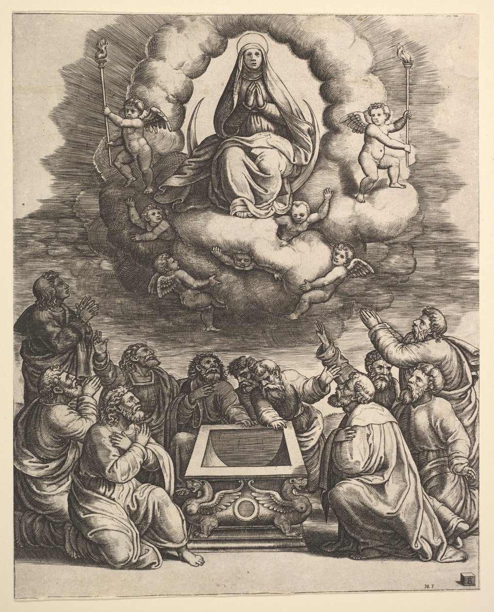 Szűz mennybemenetele, alatta az apostolok veszik körül a sírt, 1530-60. alkotó: Master of the Die