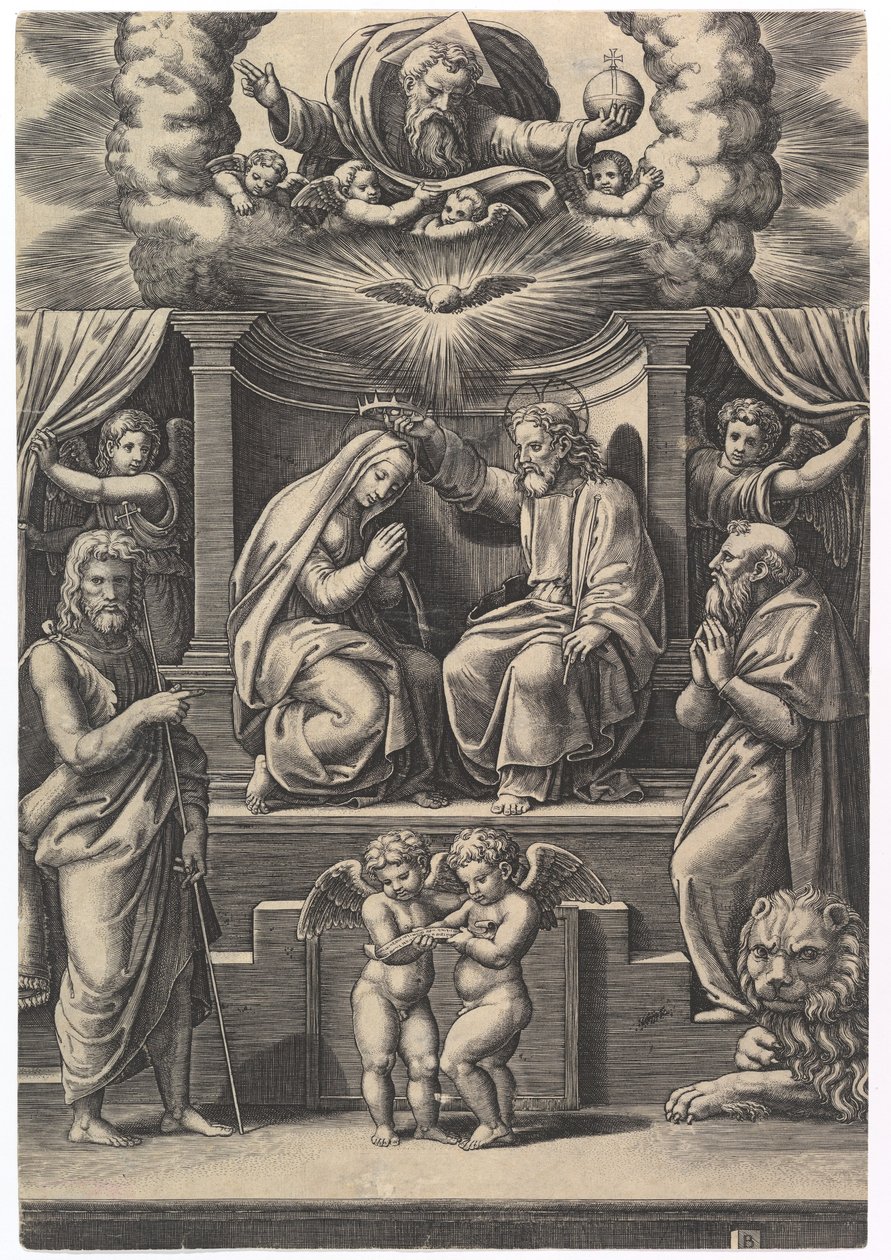 A Szűzanya koronázása balra lent áll Keresztelő Szent János, jobbra lent..., 1530-60. alkotó: Master of the Die
