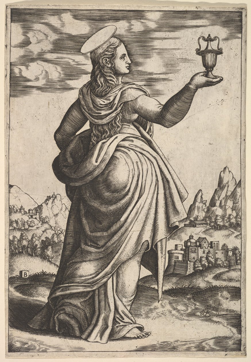 A Magdolna jobbra fordulva, felemelt jobb kezében tégely, 1530-60. alkotó: Master of the Die