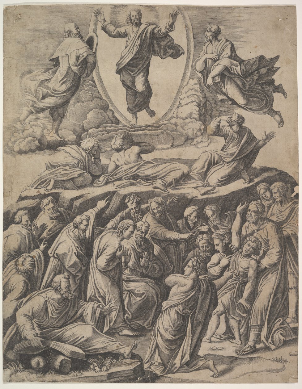 A felső középpontban megjelenő Krisztus színeváltozása, alatta különböző alakok, köztük..., 1530-60. alkotó: Master of the Die