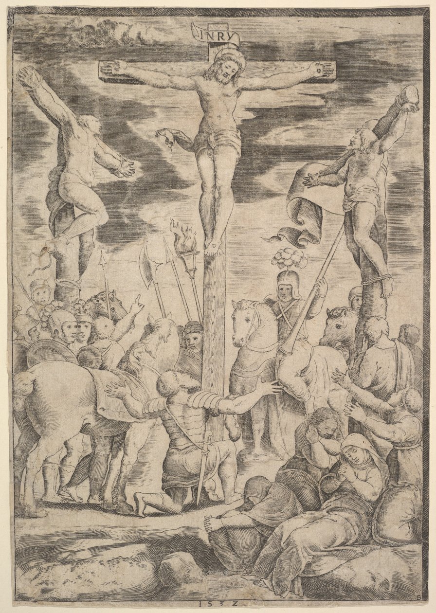A százados megtérése, aki széttárja karjait Krisztus előtt a kereszten, 1532. alkotó: Master of the Die