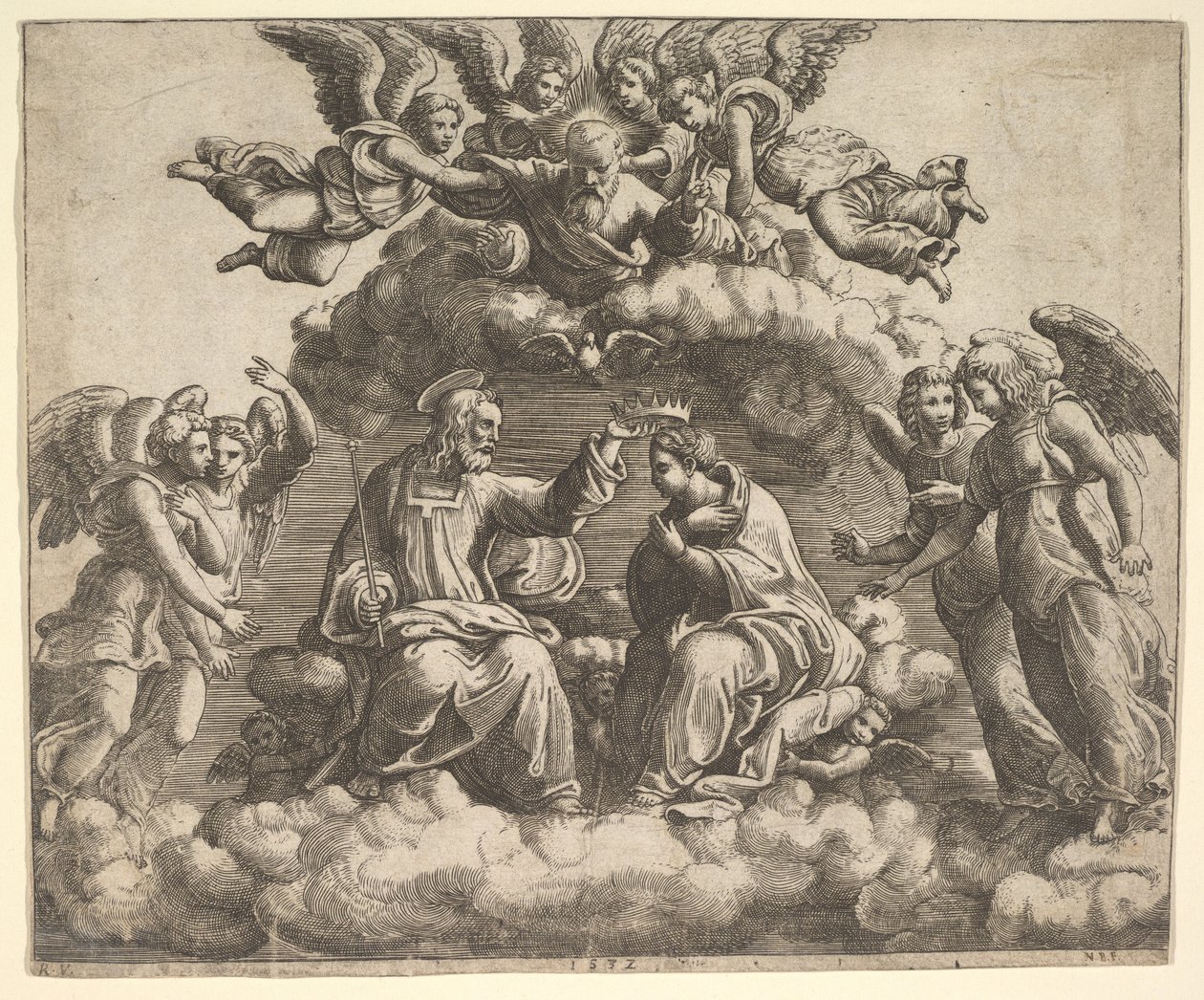 A Szűz koronázása, a koronát feje fölött tartó Krisztus, az Atya Isten áldja..., 1532. alkotó: Master of the Die