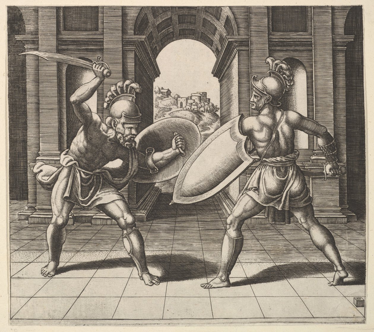 Két gladiátor harcol egy boltív előtt, 1530-60. alkotó: Master of the Die