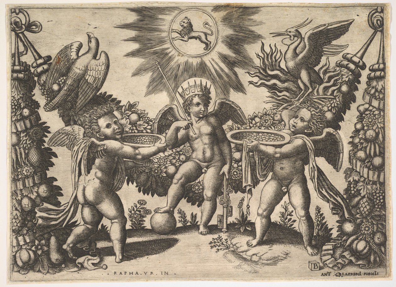 Két putti arannyal teli poharat ajándékoz egy puttónak a gazdagság istenének képében..., kb. 1530-40. alkotó: Master of the Die