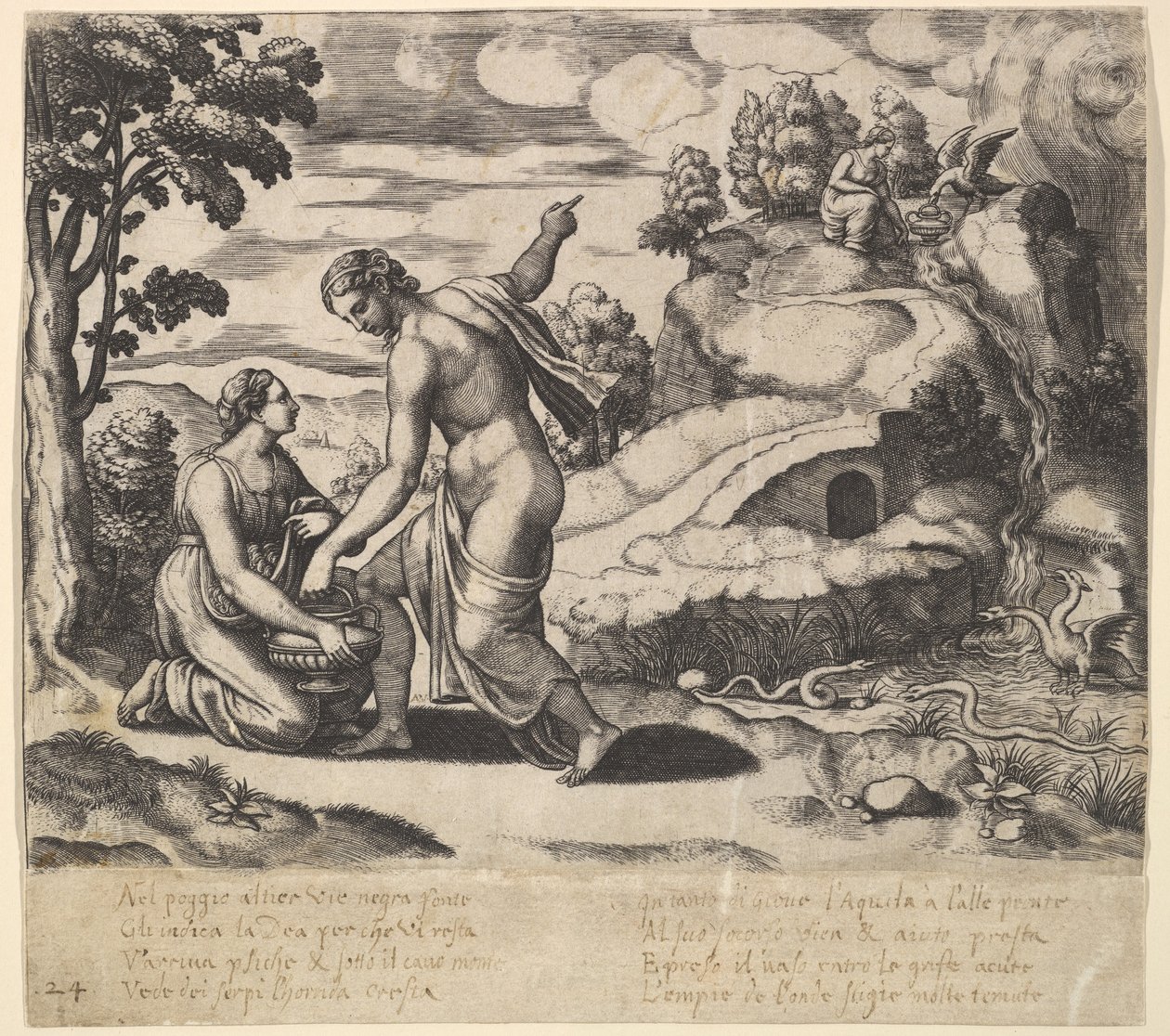 Vénusz megparancsolja Psichének, hogy vegyen vizet egy sárkányok által őrzött szökőkútból, a „Fable...”-ból, 1530-60. alkotó: Master of the Die