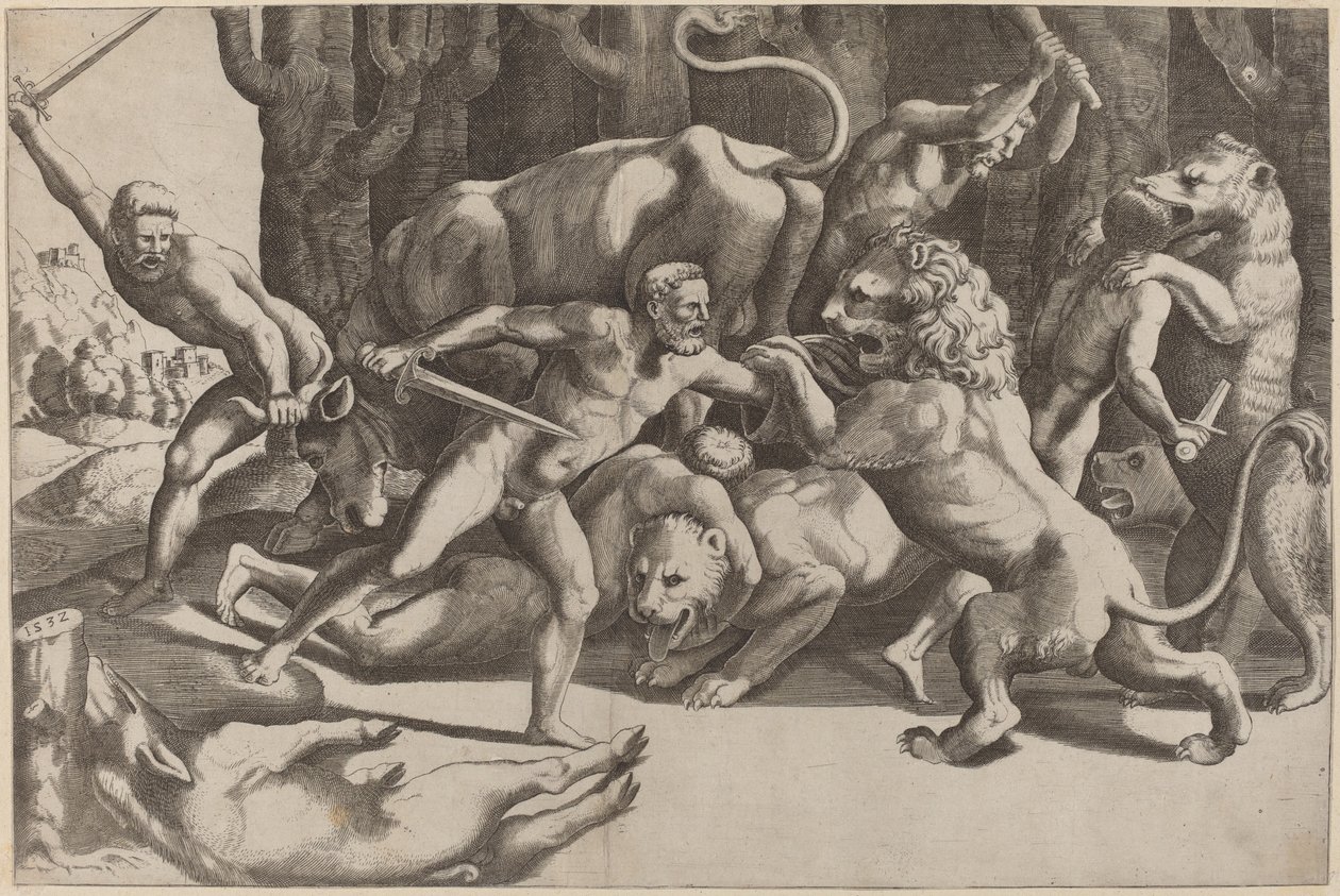 Öt férfi, harcoló szörnyeteg alkotó: Master of the Die after Giulio Romano
