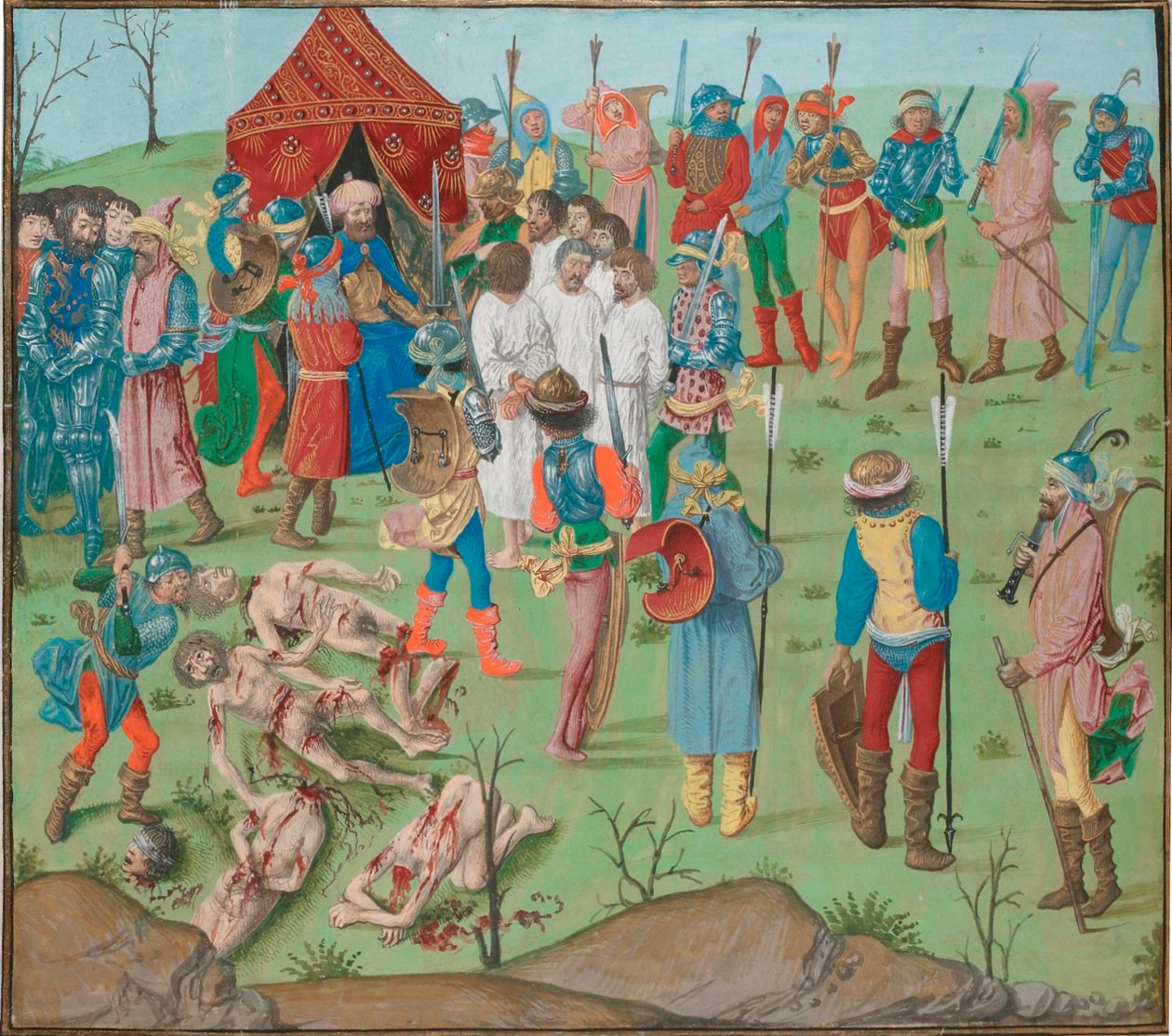 Nikopoli csata után A keresztények lemészárlása a rahovai mészárlásért való bosszúból. Jean Froissart, Krónikák, Flandria, Brugge. alkotó: Master of the Dresden Prayer Book