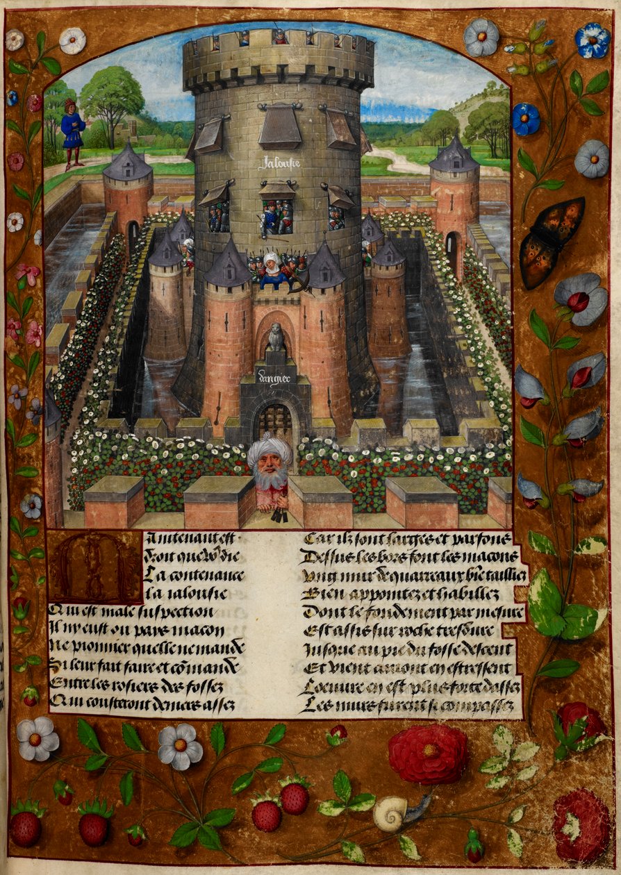 Bel Acueil (Fair Welcome) Jalousie (Féltékenység) által bebörtönzött katonák által őrzött toronyban, a „Le Roman de la Rose”-ból alkotó: Master of the Dresden Prayer Books
