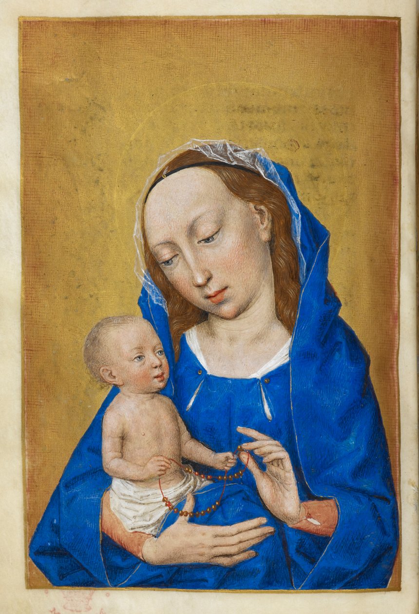 Szűz órái Adventkor. A Szűz és a Gyermek, játszik egy gyöngy nyaklánccal. alkotó: Master of the Dresden Prayer Books